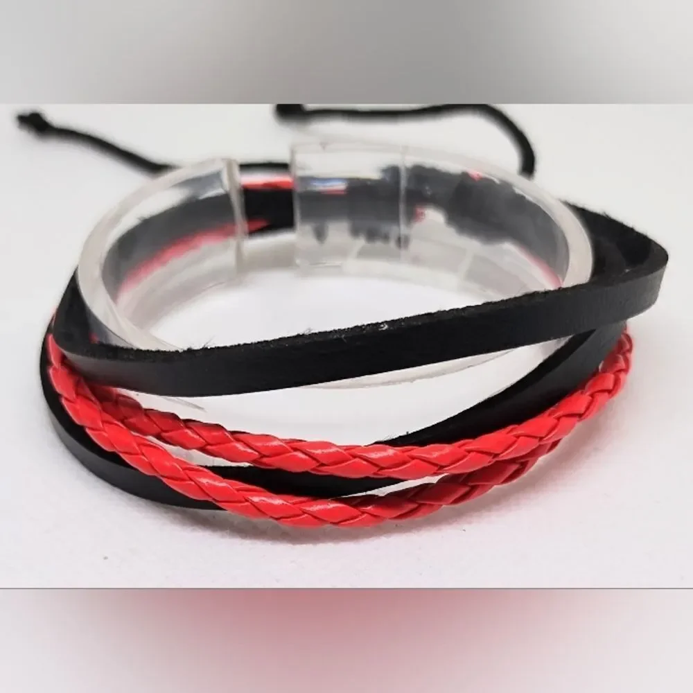 Men's bracelet leather braided layered black‎ new e59